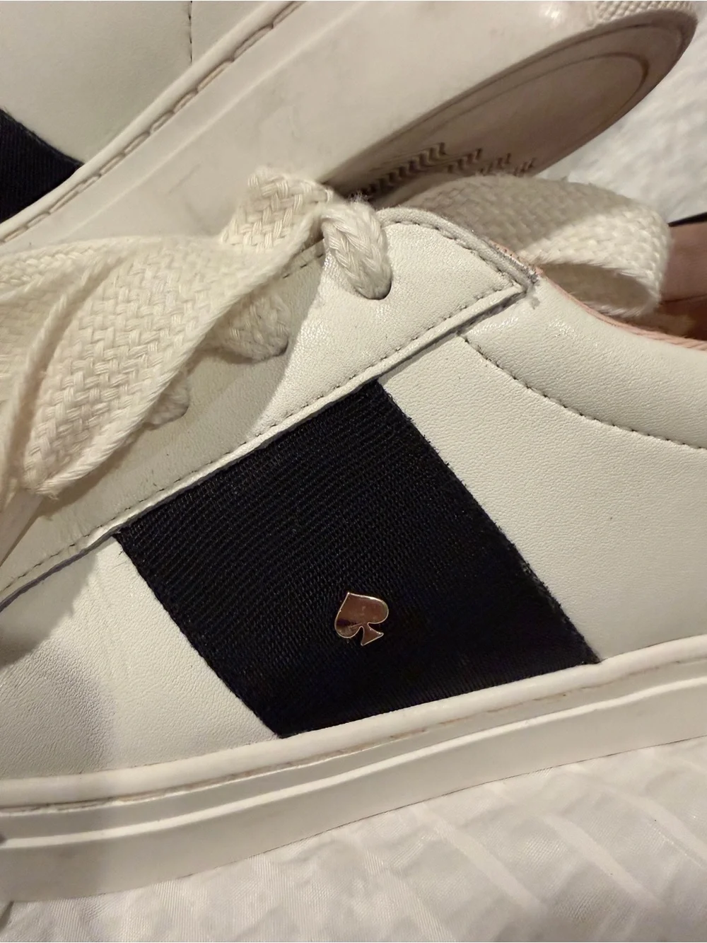 kate spade White Leather Sneakers with Black Stripe and Pink Lining